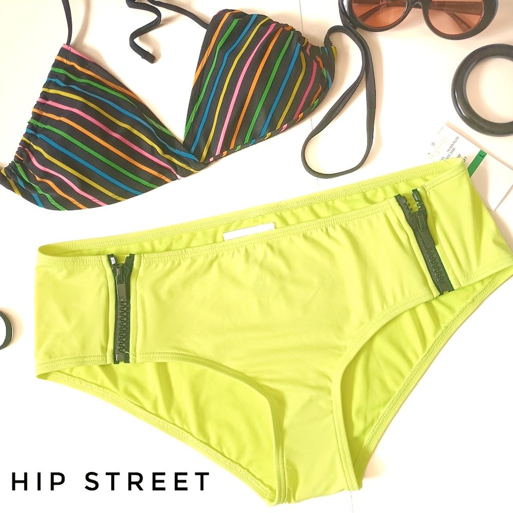 MICHAEL MICHAEL KORS Neon Yellow Large Black Zipper Bikini Bottoms L NWT